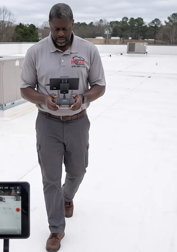 High-resolution aerial drone operator remote controller with telemetry screen